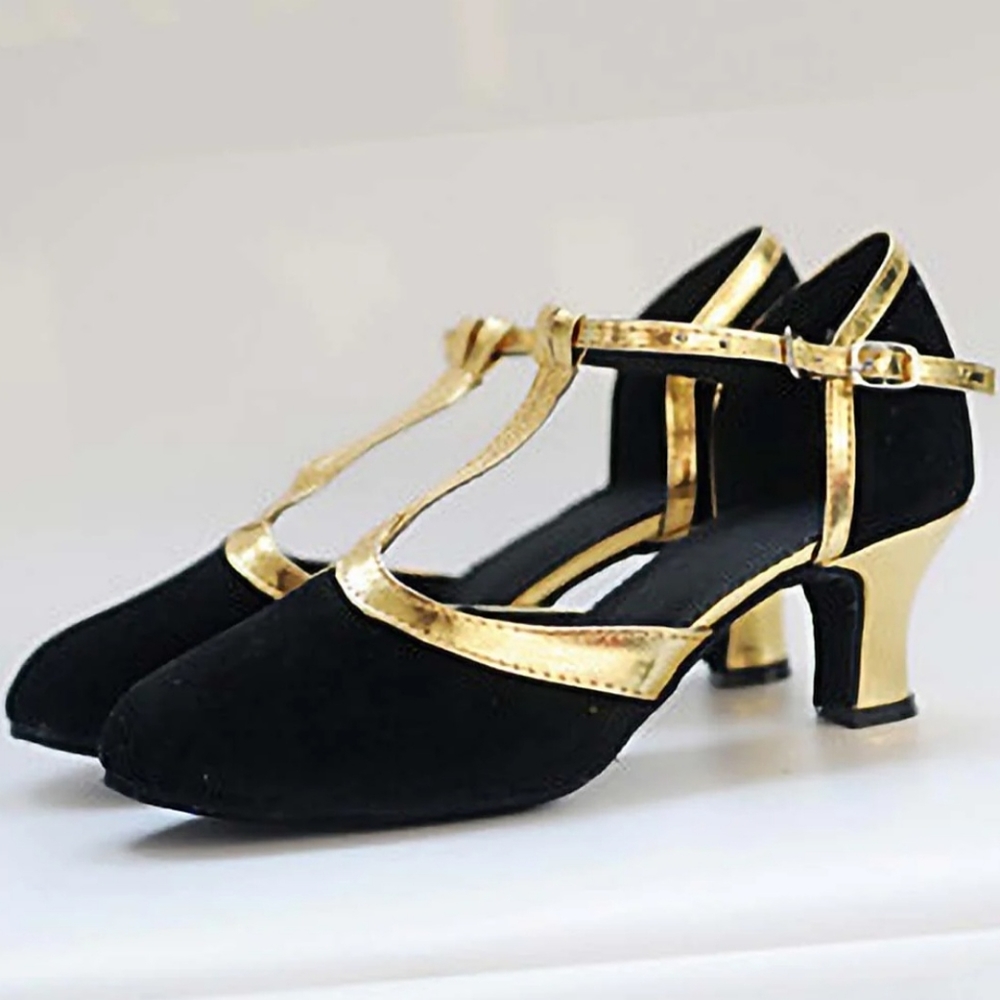 Ballroom T- strap Heels in Black & Gold